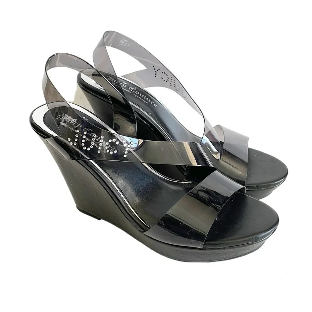 Juicy Couture Carefully Black Clear Strappy Y2K Wedge Sandals size 9